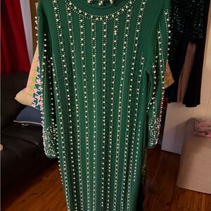Chic Green Beaded Long Sleeve Dress